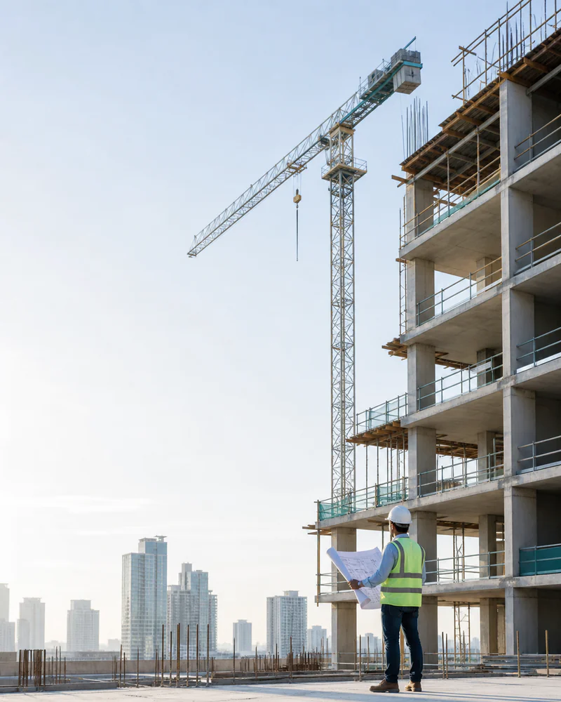 A construction site engineer reviewing drawings beside a concrete structure and tower crane